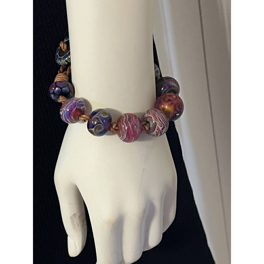 Santa Cruz Artist Made Lamp Worked Glass Bead Bracelet 9 3/4" OOAK Blue Purple - Picture 11 of 13